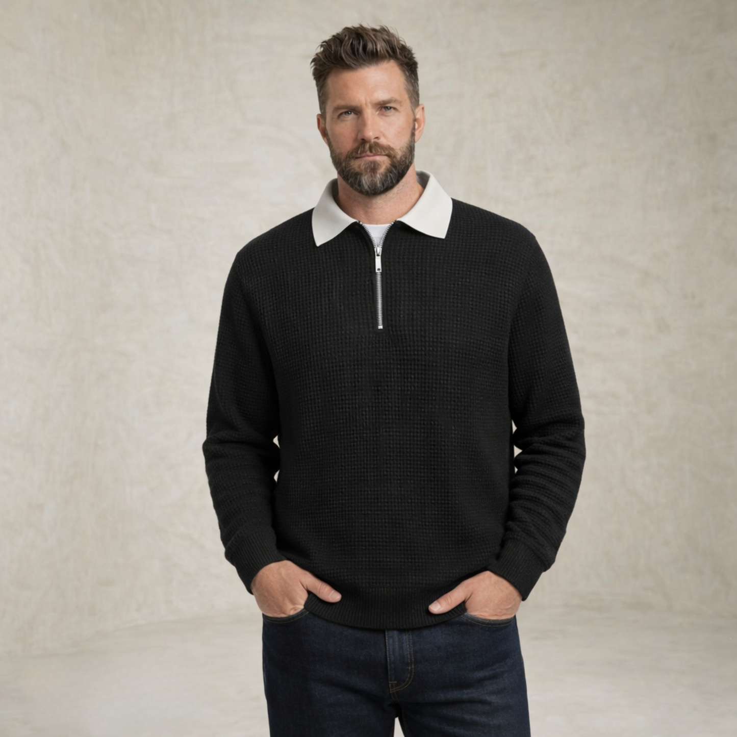 Alexander | Waffle Knit Collar Sweater with Zipper