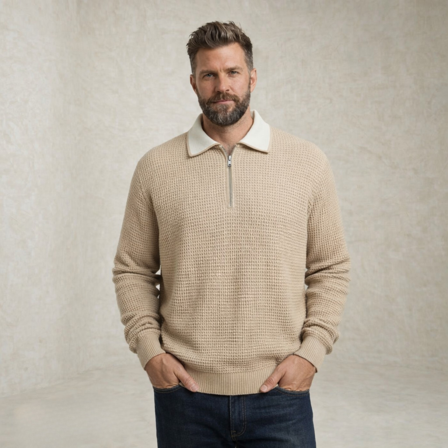 Alexander | Waffle Knit Collar Sweater with Zipper