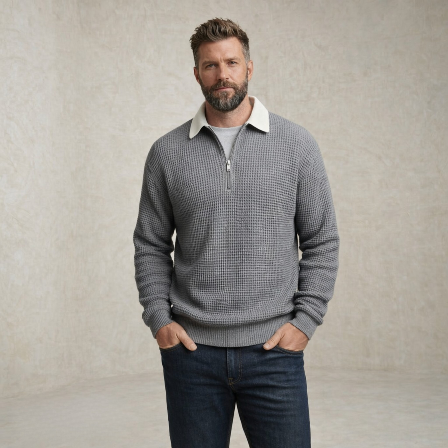 Alexander | Waffle Knit Collar Sweater with Zipper