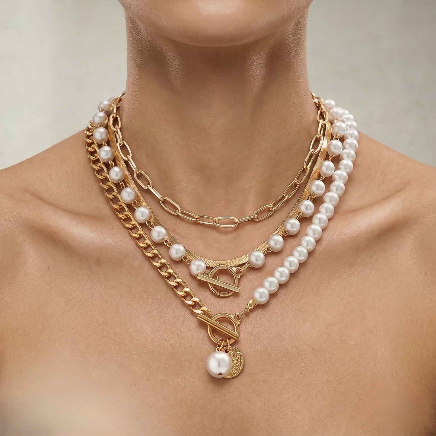 Sophie | Layered Pearl and Snake Chain Necklace