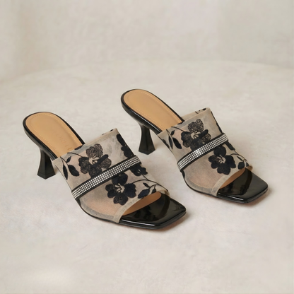 Yara | Elegant Mesh Detailed Square-Toe Heels